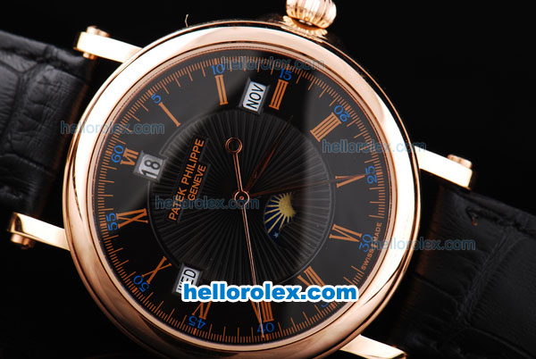 Patek Philippe Calatrava Automatic Movement Rose Gold Case with Black Dial-Rose Gold Roman Markers and Black Leather Strap - Click Image to Close